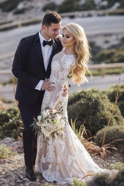 Vintage Long Sleeve Mermaid Lace Applique Wedding Dress Beach Wedding Gowns N2020