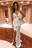 Elegant V-Neck Spaghetti Straps Long Lace Prom Dresses