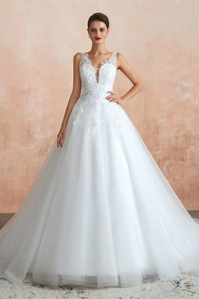 A Line V-Neck Sleeveless Sequins Appliques Tulle Court Train Wedding Dresses WH30364