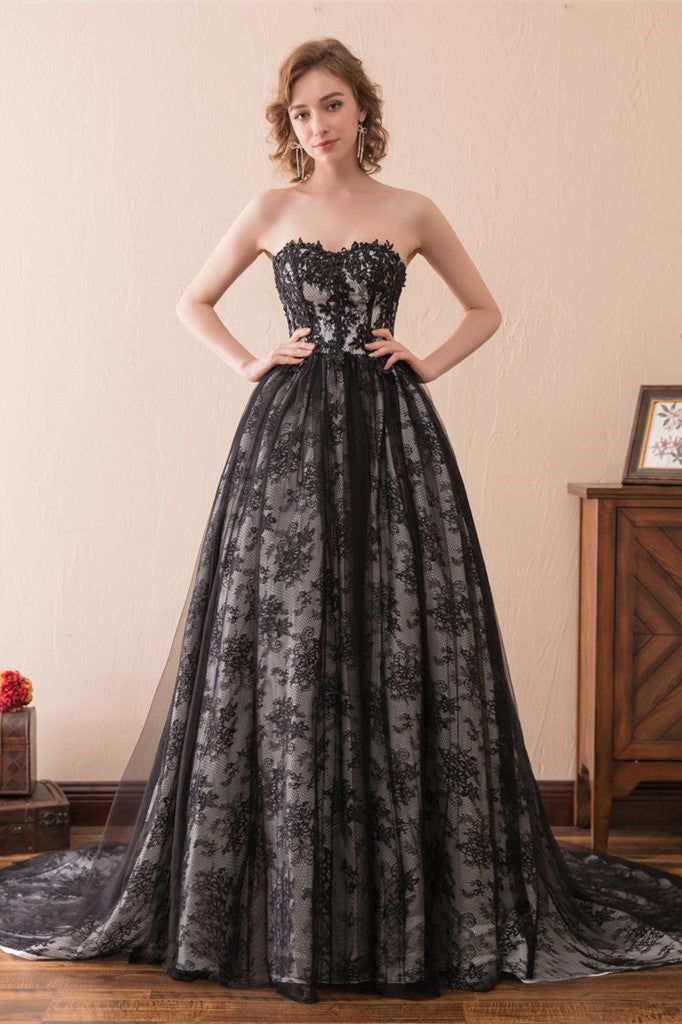 Unique A Line Strapless Sweetheart Black Lace Court Train Prom Dresses WH32618