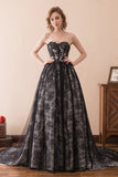 Unique A Line Strapless Sweetheart Black Lace Court Train Prom Dresses WH32618