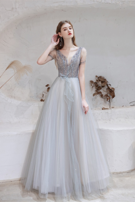 A Line V-Neck Short Sleeve Floor Length Prom Dresses Sequins Party Dresses WH361013
