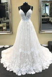 A Line V-Neck Sleeveless Wedding Dresses Long Lace Bridal Dresses N2432