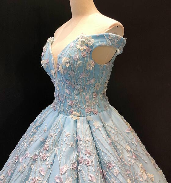 Light Blue Off the Shoulder Ball Gown Quinceanera Dresses Senior Lace Prom Dresses N1552