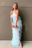Fashion Halter Ruffles Chiffon Long Party Dress Tulle Prom Dress with Slit