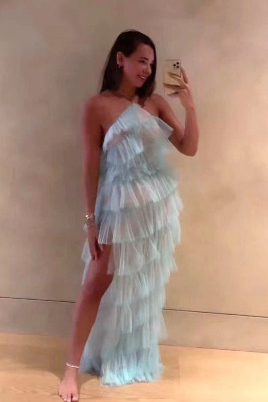 Fashion Halter Ruffles Chiffon Long Party Dress Tulle Prom Dress with Slit