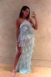 Fashion Halter Ruffles Chiffon Long Party Dress Tulle Prom Dress with Slit