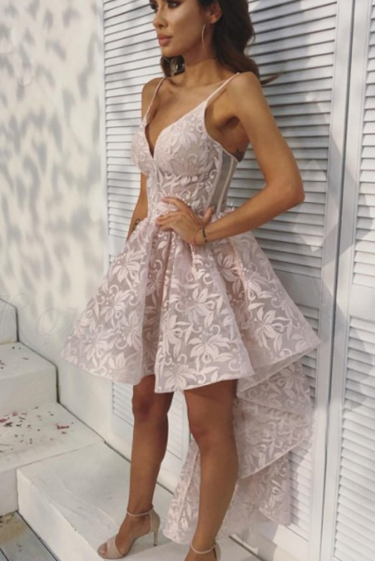 A Line Spaghetti Straps Pink Lace Homecoming Dresses