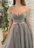 Sweet Sparkly Off the Shoulder Tulle Prom Dresses N2007