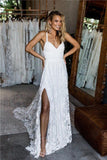 A Line White Straps Long Split V Neck Lace Beach Wedding Dress, Lace Bridal Dress