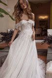 A Line Off The Shoulder Boho Wedding Dresses with Lace