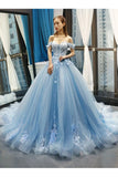 Light Sky Blue Off the Shoulder Ball Gown Tulle Prom Dresses with Applique N2106