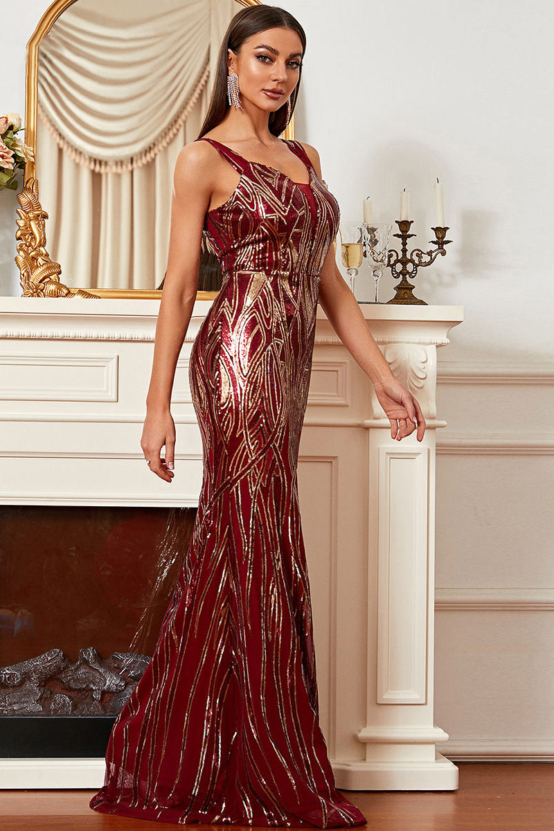Mermaid Straps V-Neck Sequin Wine Floor Length Party Prom Dresses