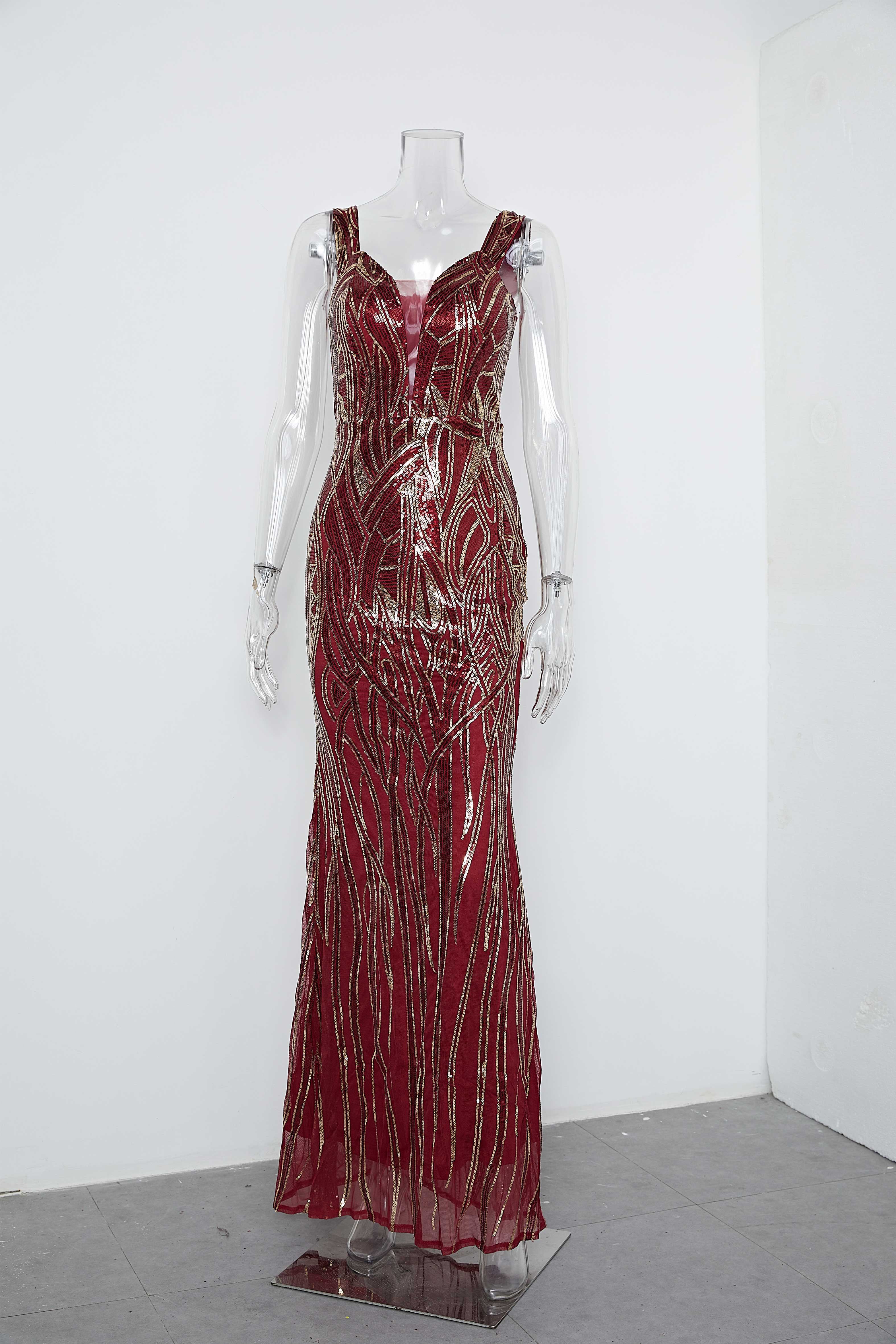 Mermaid Straps V-Neck Sequin Wine Floor Length Party Prom Dresses