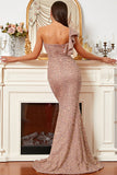 Sparkly One Shoulder Butterfly Sleeve Mermaid Sweep Train Prom Dresses