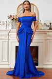 Royal Blue Mermaid Off-the-shoulder Ruched Sweep Train Prom Dresses