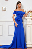 Royal Blue Mermaid Off-the-shoulder Ruched Sweep Train Prom Dresses