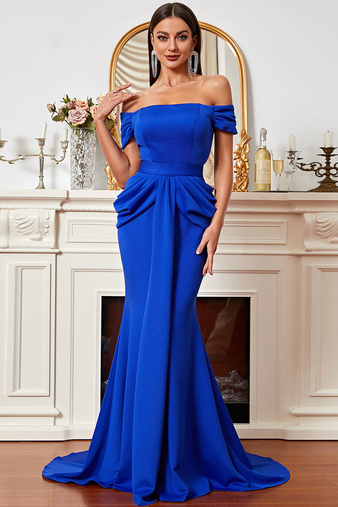 Royal Blue Mermaid Off-the-shoulder Ruched Sweep Train Prom Dresses