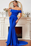 Royal Blue Mermaid Off-the-shoulder Ruched Sweep Train Prom Dresses