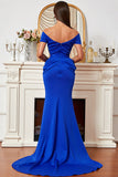 Royal Blue Mermaid Off-the-shoulder Ruched Sweep Train Prom Dresses