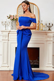 Royal Blue Mermaid Off-the-shoulder Ruched Sweep Train Prom Dresses