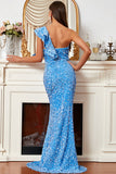 One Ruffled Shoulder Mermaid Sequin Sex Prom Evening Dress with Split