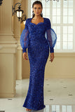 Sweetheart Long Mesh Sleeve Prom Dresses Blue Glitter Sequins Evening Dresses