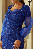 Sweetheart Long Mesh Sleeve Prom Dresses Blue Glitter Sequins Evening Dresses