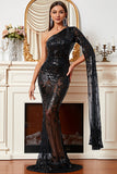 One Shoulder Slit Long Sleeve Mermaid Sequin Hot Sexy Formal Long Evening Gowns