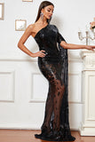 One Shoulder Slit Long Sleeve Mermaid Sequin Hot Sexy Formal Long Evening Gowns