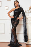 One Shoulder Slit Long Sleeve Mermaid Sequin Hot Sexy Formal Long Evening Gowns