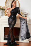 One Shoulder Slit Long Sleeve Mermaid Sequin Hot Sexy Formal Long Evening Gowns