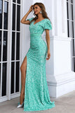 Puffy Short Sleeve Sequins Prom Dresses Luxury Side Slit Sweep Train Evening Dresses