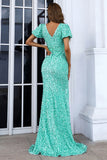 Puffy Short Sleeve Sequins Prom Dresses Luxury Side Slit Sweep Train Evening Dresses