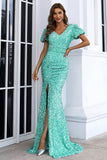 Puffy Short Sleeve Sequins Prom Dresses Luxury Side Slit Sweep Train Evening Dresses