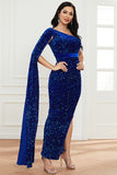 Sparkly One Shoulder Cloak Sleeve Long Evening Dresses High Split Sequins Prom Dresses