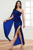 Sparkly One Shoulder Cloak Sleeve Long Evening Dresses High Split Sequins Prom Dresses