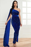 Sparkly One Shoulder Cloak Sleeve Long Evening Dresses High Split Sequins Prom Dresses