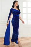 Sparkly One Shoulder Cloak Sleeve Long Evening Dresses High Split Sequins Prom Dresses