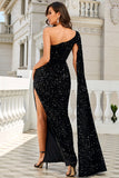 Sparkly One Shoulder Cloak Sleeve Long Evening Dresses High Split Sequins Prom Dresses