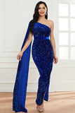 Sparkly One Shoulder Cloak Sleeve Long Evening Dresses High Split Sequins Prom Dresses