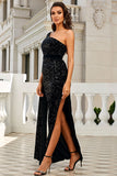Sparkly One Shoulder Cloak Sleeve Long Evening Dresses High Split Sequins Prom Dresses