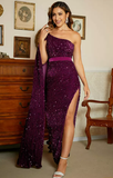 Sparkly One Shoulder Cloak Sleeve Long Evening Dresses High Split Sequins Prom Dresses