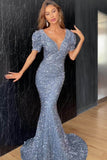 Glamorous Puffy Short Sleeve V-Neck Sequin Sweep Train Evening Dresses