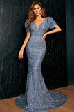 Glamorous Puffy Short Sleeve V-Neck Sequin Sweep Train Evening Dresses