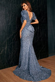 Glamorous Puffy Short Sleeve V-Neck Sequin Sweep Train Evening Dresses