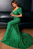 Glamorous Puffy Short Sleeve V-Neck Sequin Sweep Train Evening Dresses