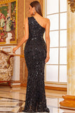 Hot Sale One Shoulder Sequins Sleeveless Black Mermaid Evening Dresses