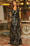 Sparkly Long Sleeve V-Neck Party Dresses Sequins Black and Gold A Line Evening Dresses