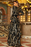 Sparkly Long Sleeve V-Neck Party Dresses Sequins Black and Gold A Line Evening Dresses